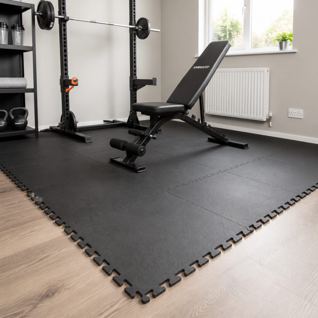Interlocking flooring creates a visible boundary for training and protects a larger area than a token mat placed directly beneath one machine.