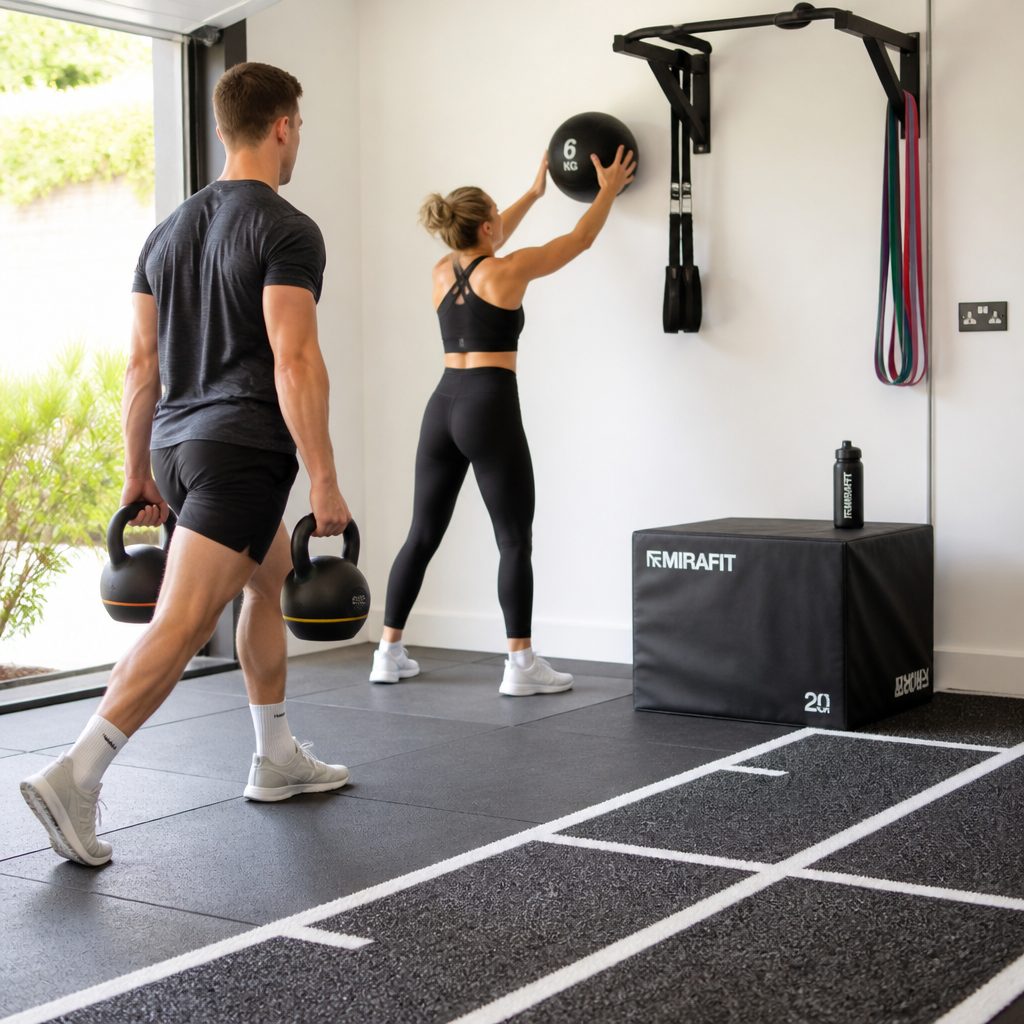 A compact circuit combining carries, wall balls, bands and short runs develops the transitions and repeatable effort that matter far more than owning a room full of specialist machines.