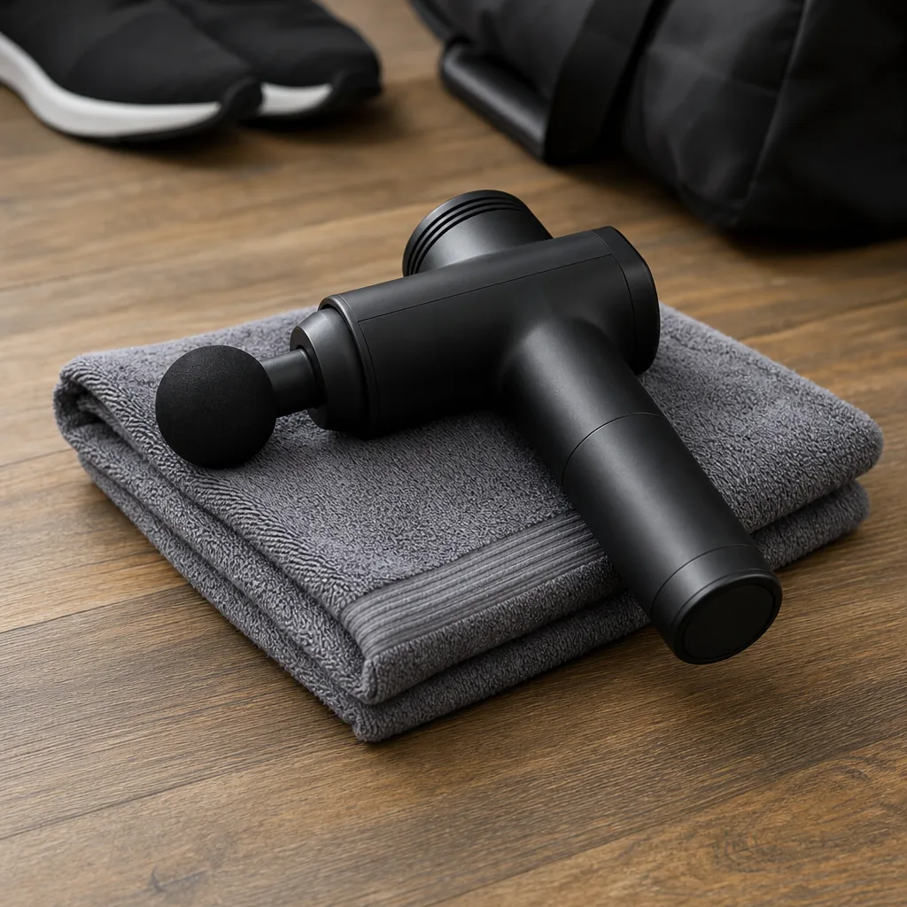 Percussion massage gun resting on a gym towel beside a water bottle
