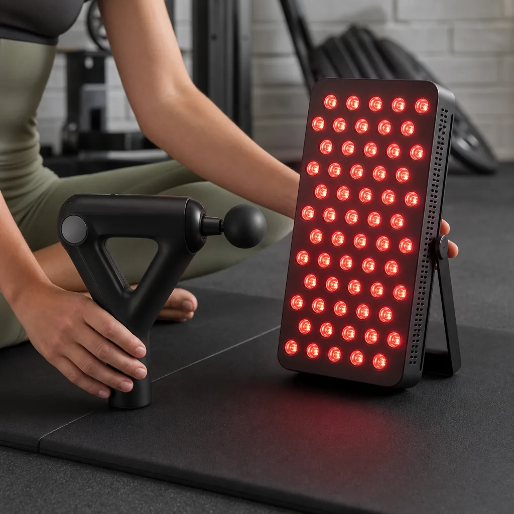 Modern home gym setup with fitness mirror, neoprene dumbbells, yoga mat and smartwatch