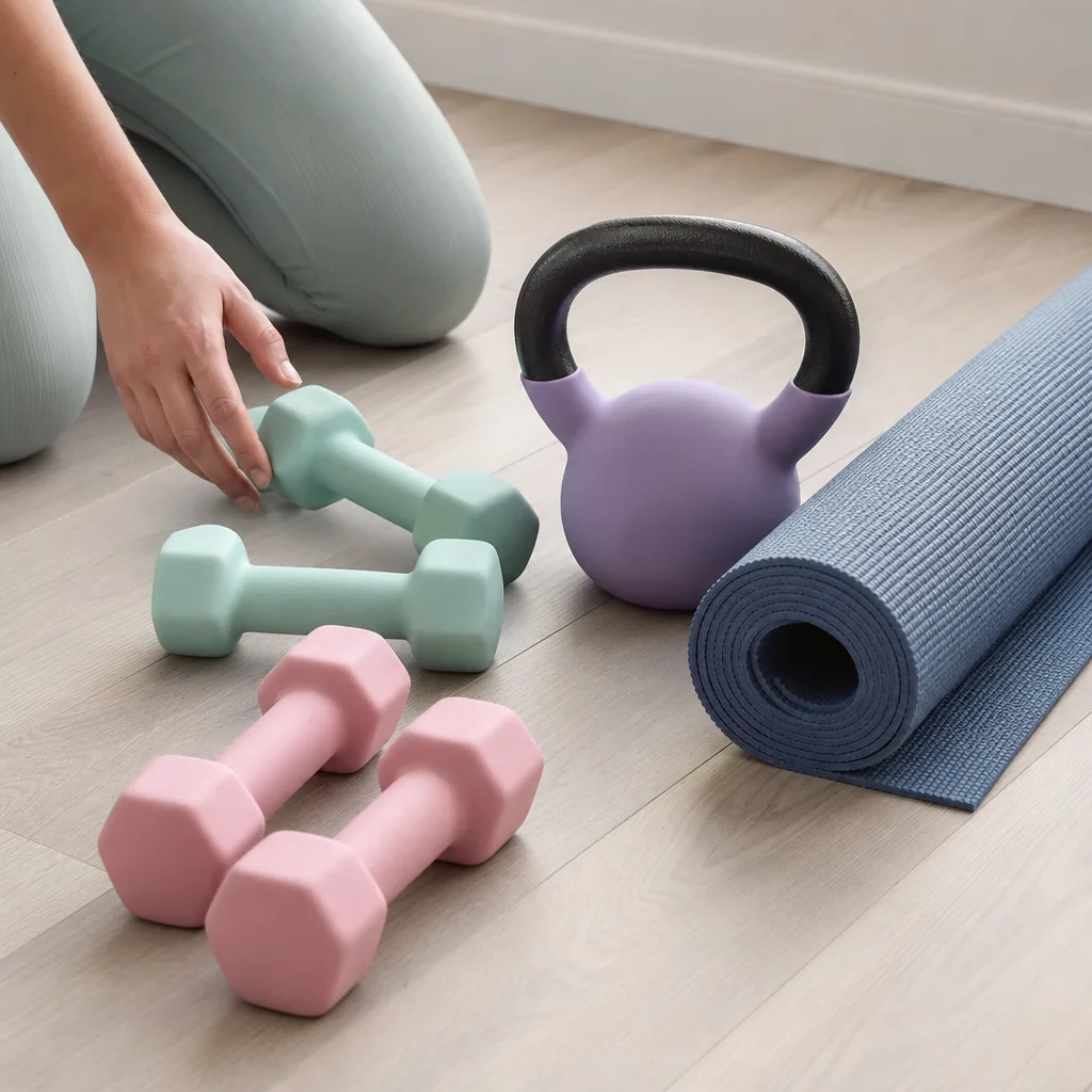 Neoprene dumbbells, kettlebell, yoga mat, pilates ring and swiss ball arranged on a wooden floor