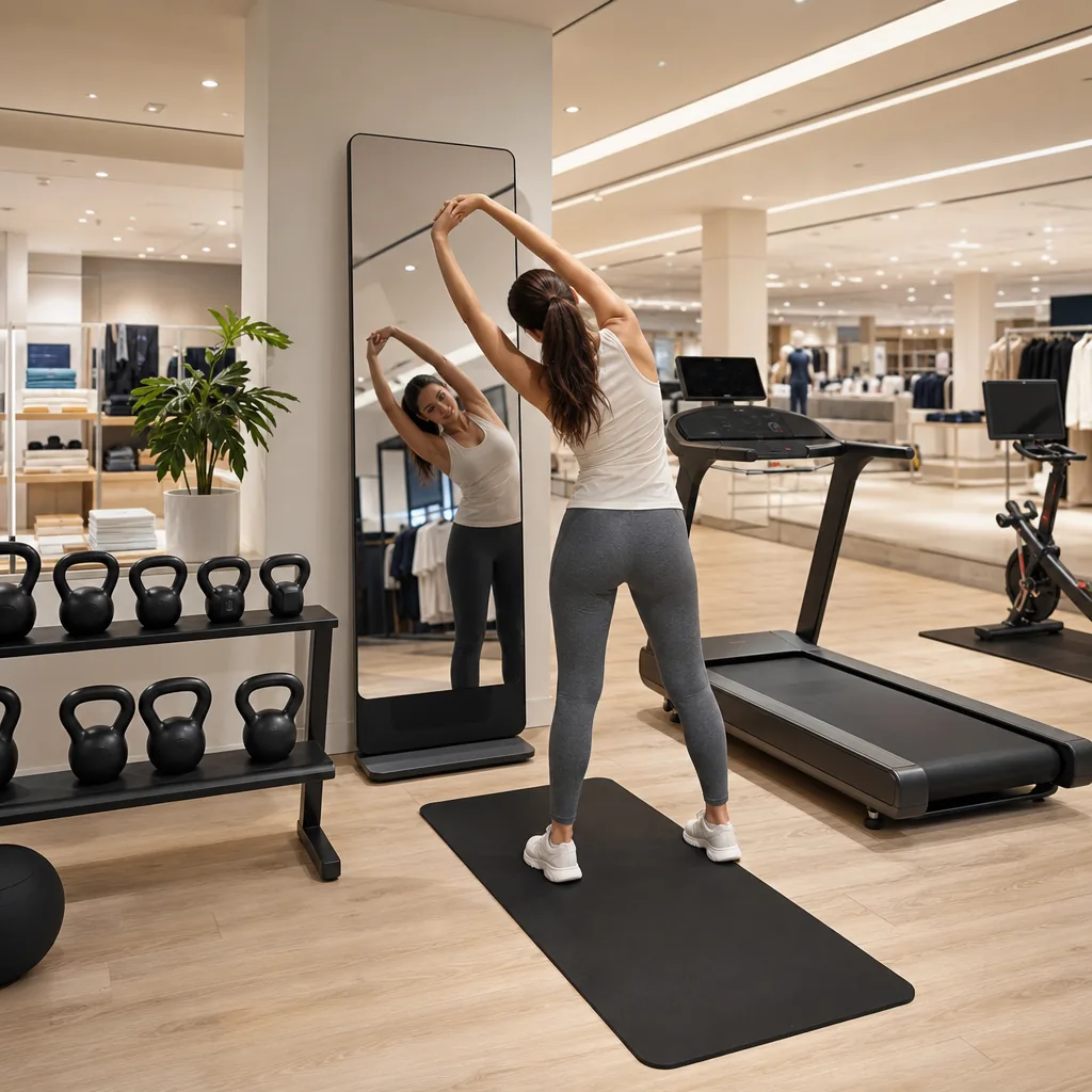 Modern sports department with fitness mirror, running shoes and gait analysis treadmill