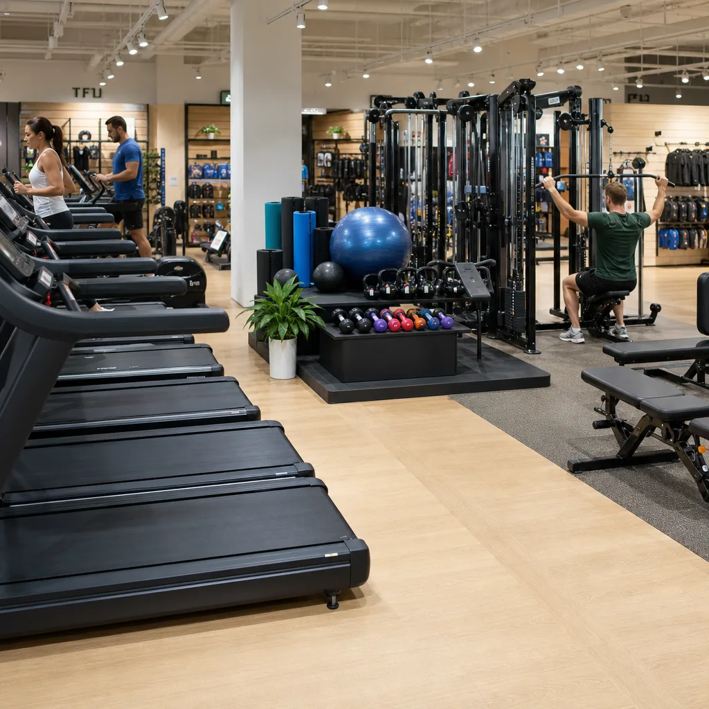 Modern sports and wellness department store floor with running shoes, fitness wearables and a treadmill gait analysis station