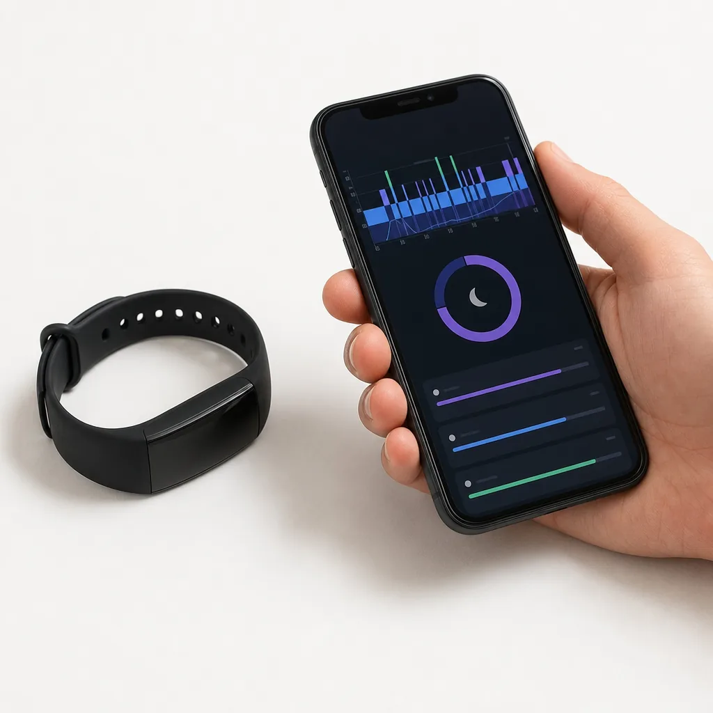 A slim, screen-free fitness tracking band with a soft textile strap and metal buckle on a wooden surface