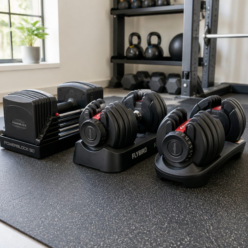 The selector-pin PowerBlock layout looks unusual beside conventional round dumbbells, yet it is built around fast changes without a row of loose plates.