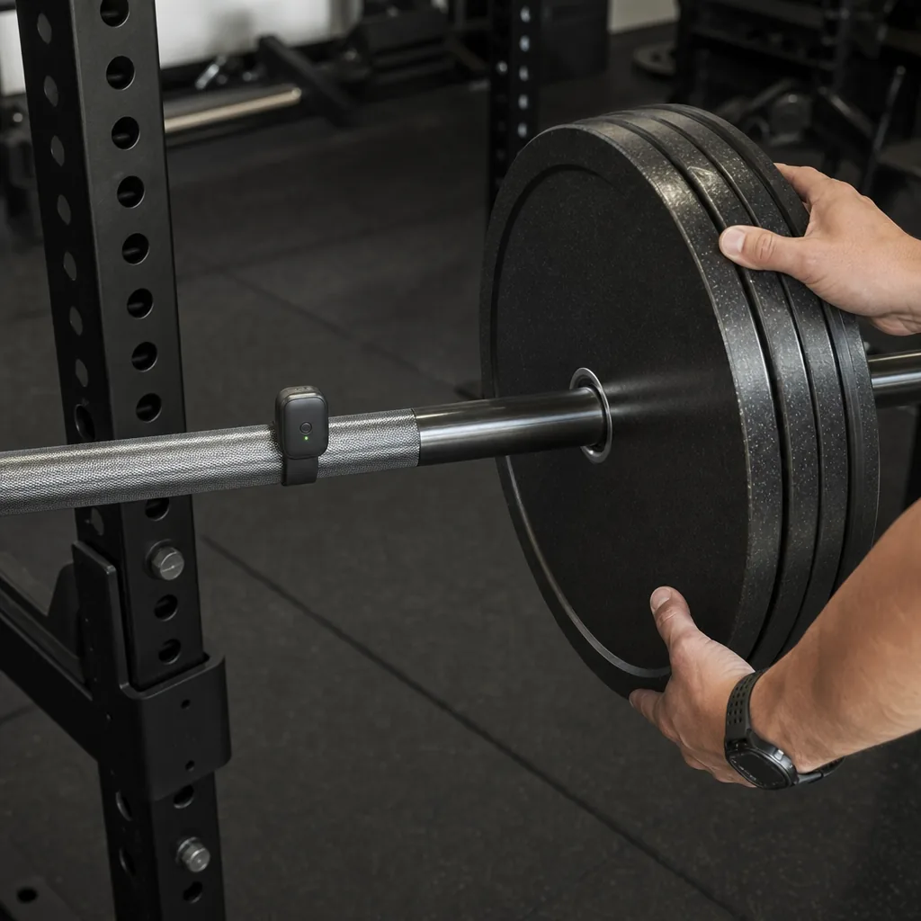 Home gym with power rack, barbell and fitness tracking devices on a bench