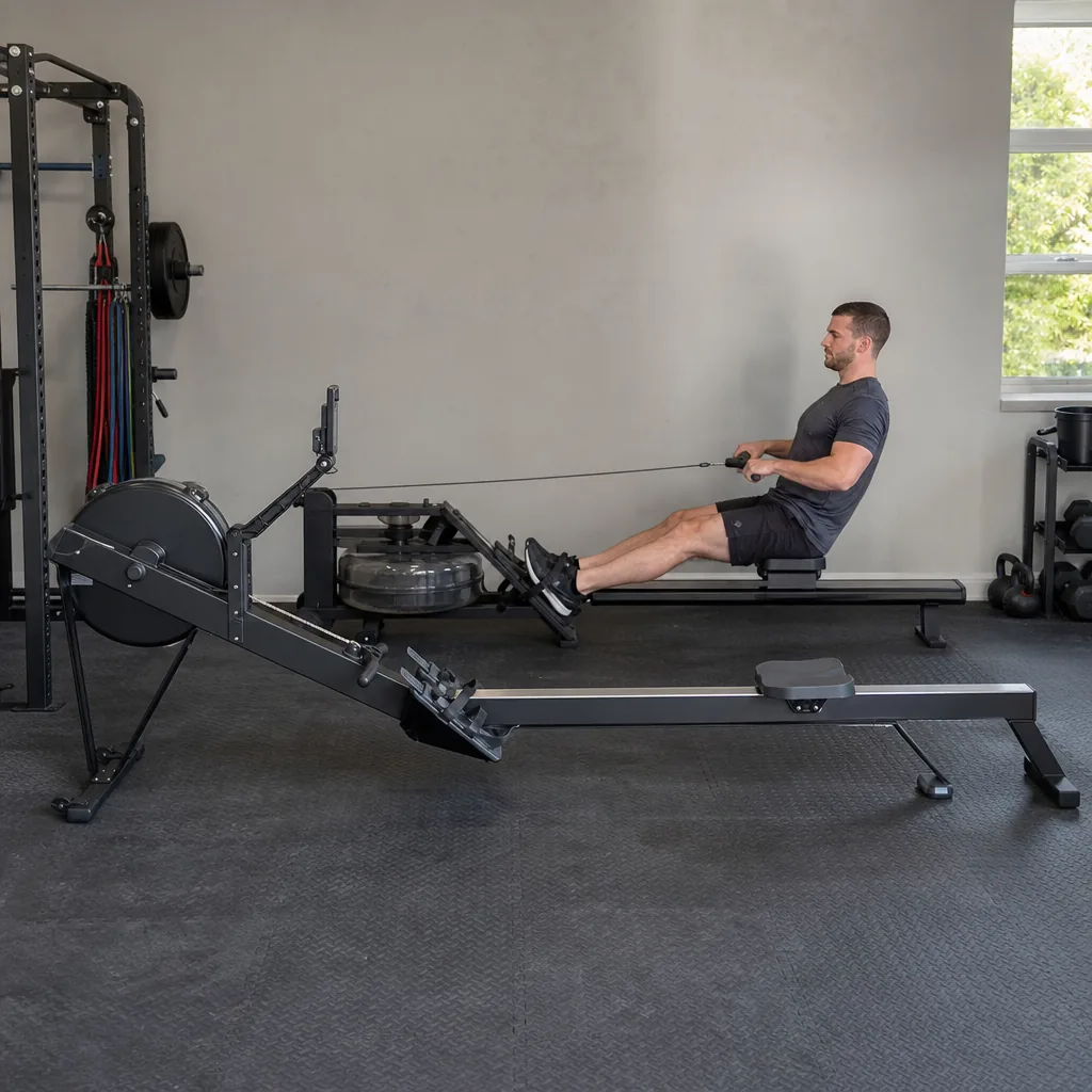 Matte black air-resistance rowing machine on a rubber gym floor