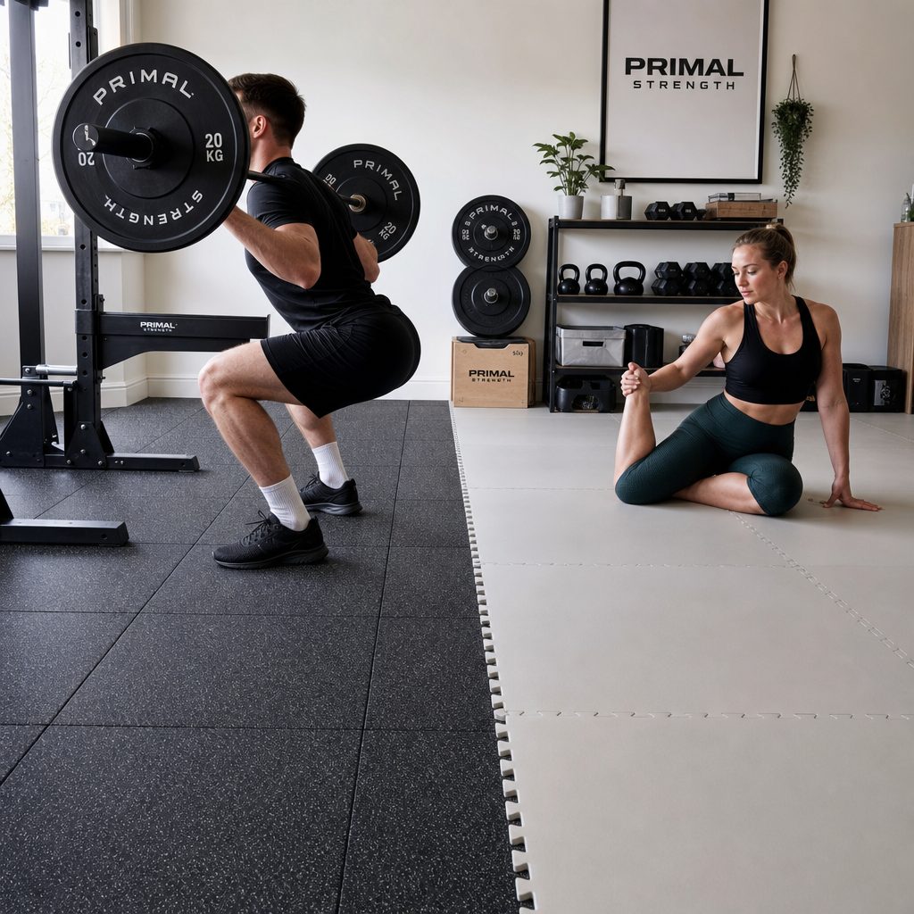 The best garage gym floor is not necessarily one uniform surface. A durable rubber lifting zone alongside a cushioned foam mobility area can make a shared space work much harder.