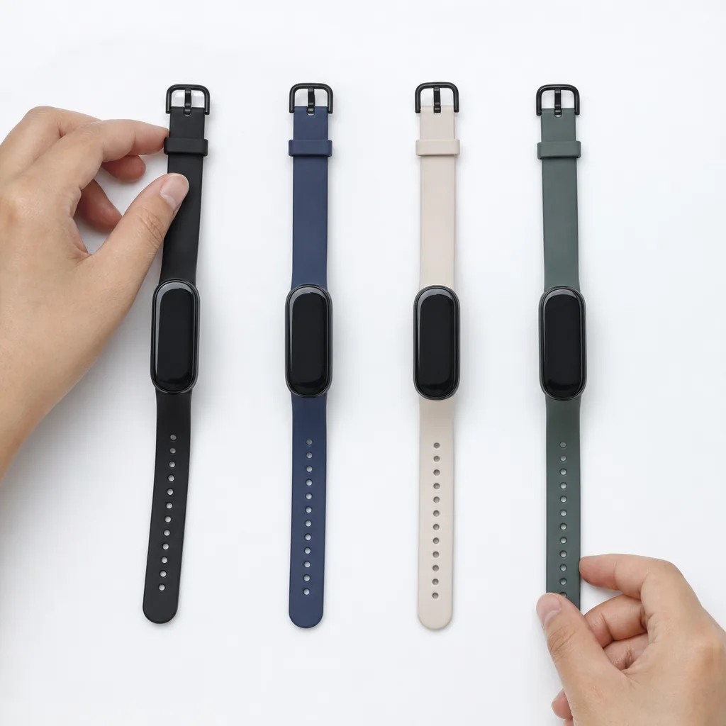 Four screenless fitness tracking bands arranged side by side on a gym floor