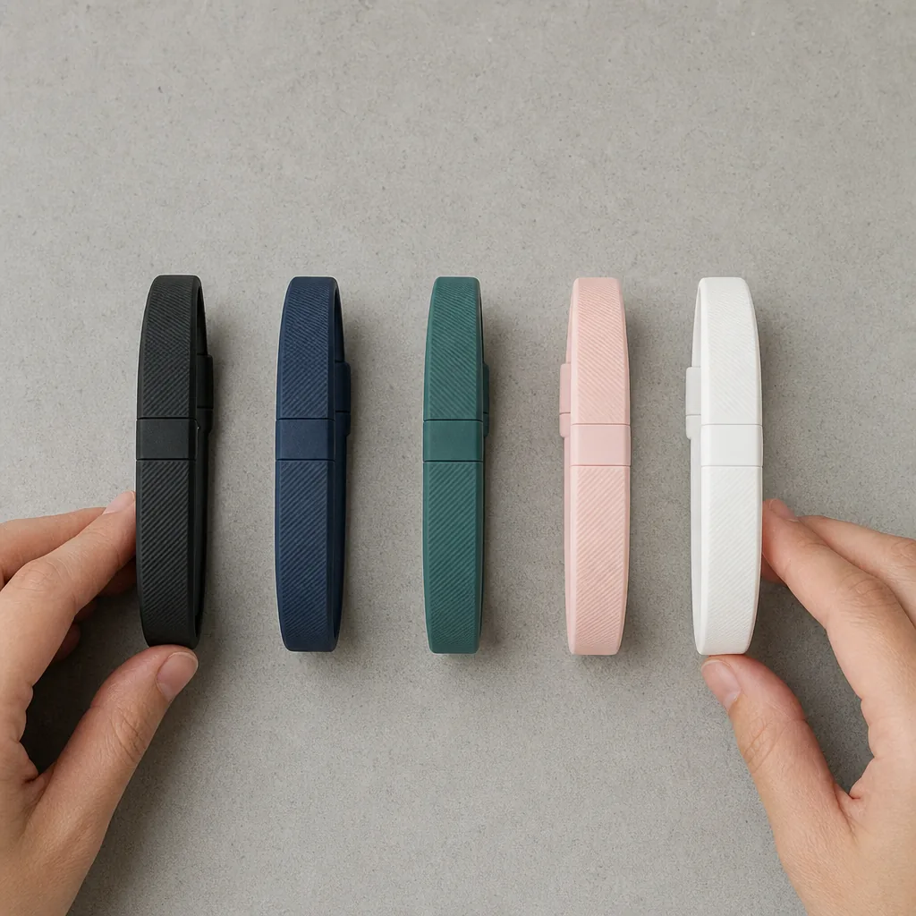 Five screenless fitness tracker bands arranged side by side on a gym bench