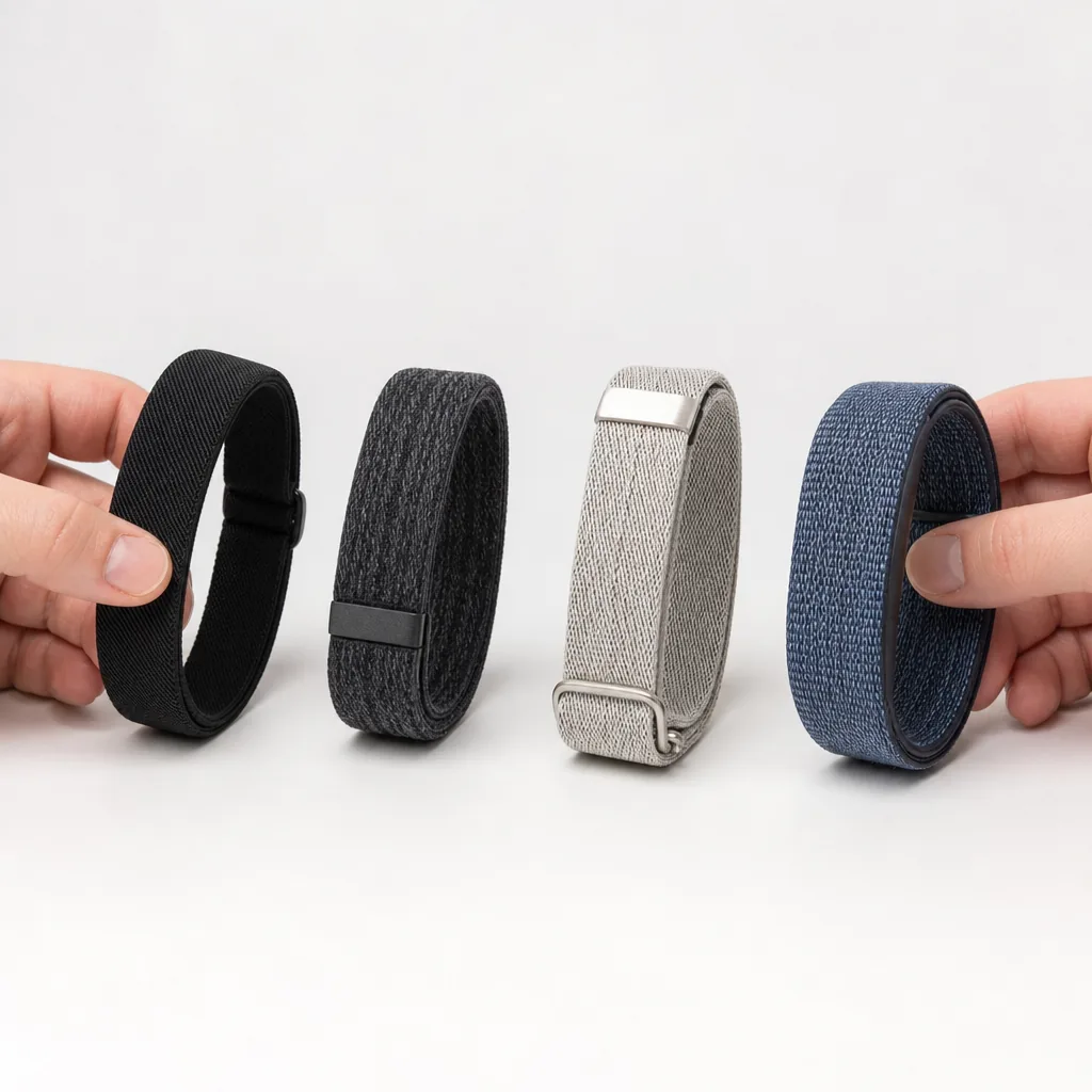 Three screenless fitness bands arranged side by side on a wooden gym bench