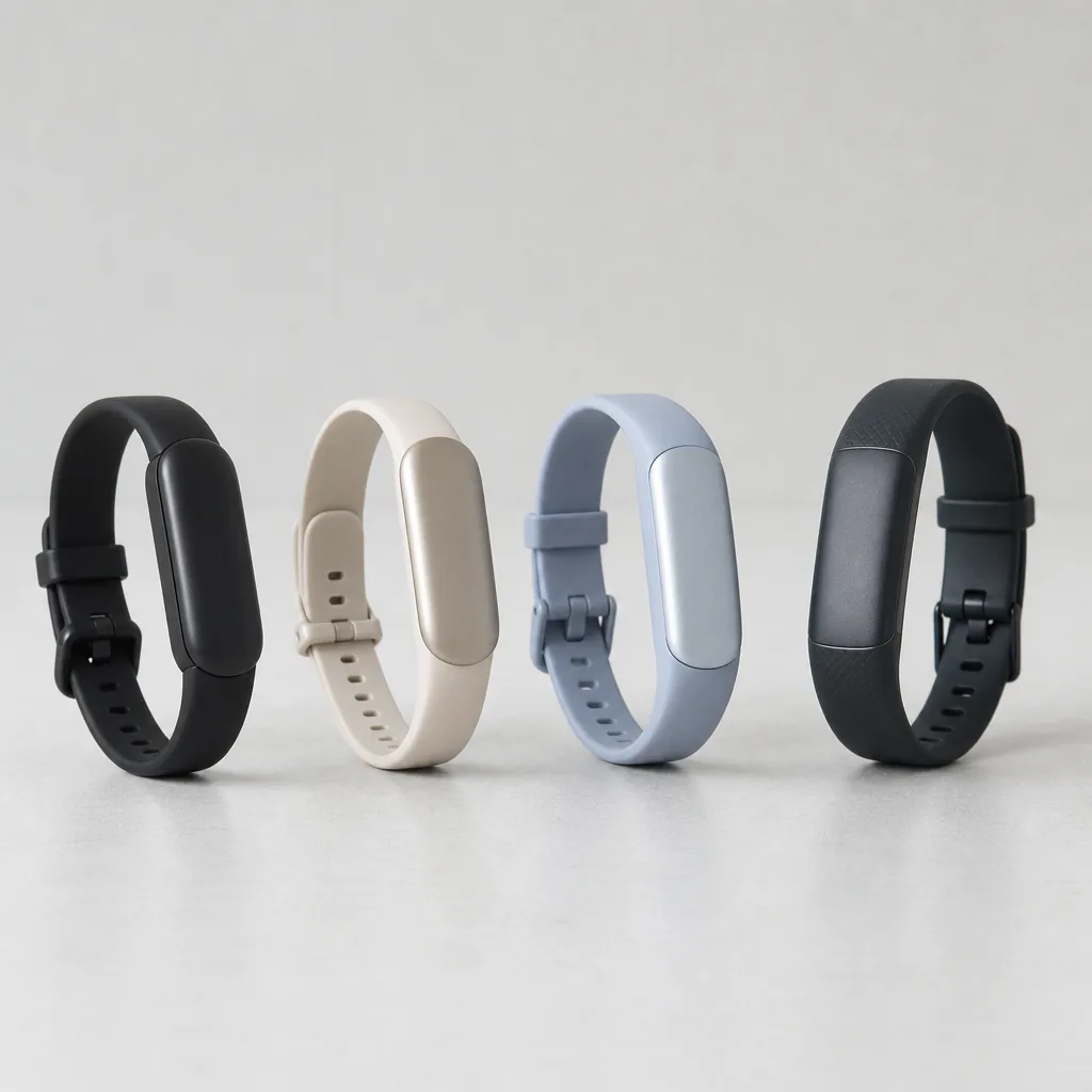 Four screenless fitness tracker bands arranged on a gym mat