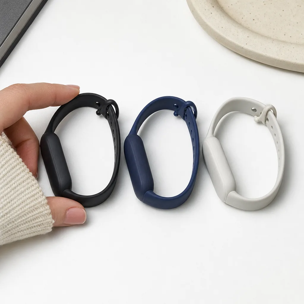 Three screenless fitness tracker bands laid out on a grey gym floor
