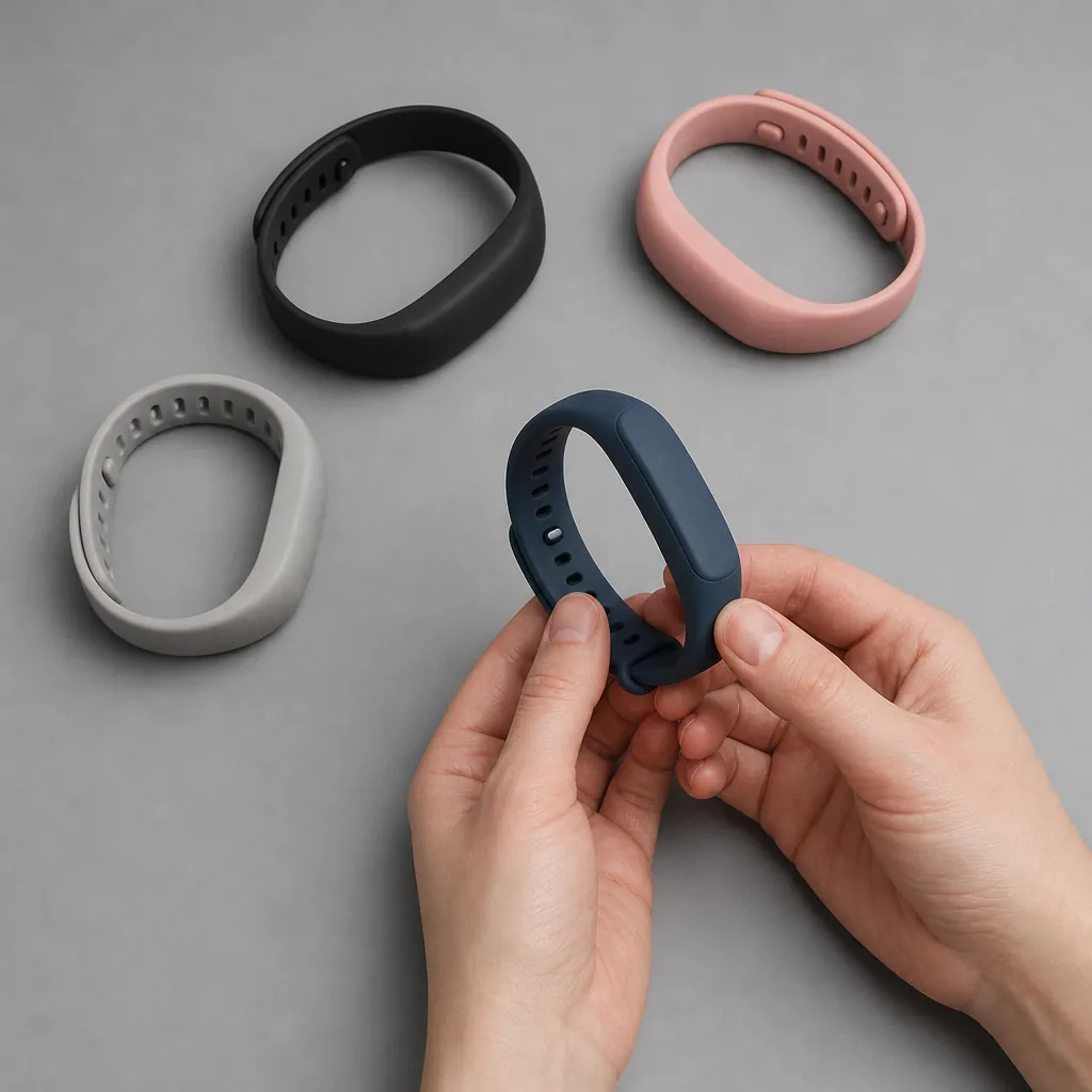 Four screenless fitness tracker bands arranged side by side on a gym bench