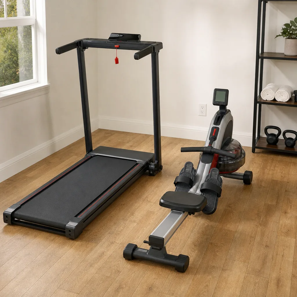 A folding treadmill and exercise bike in a bright home gym