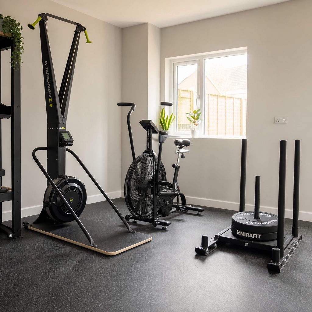 A compact home HYROX corner works best when every machine has a distinct job: ski-specific pulling, high-output conditioning and scalable resisted pushing.