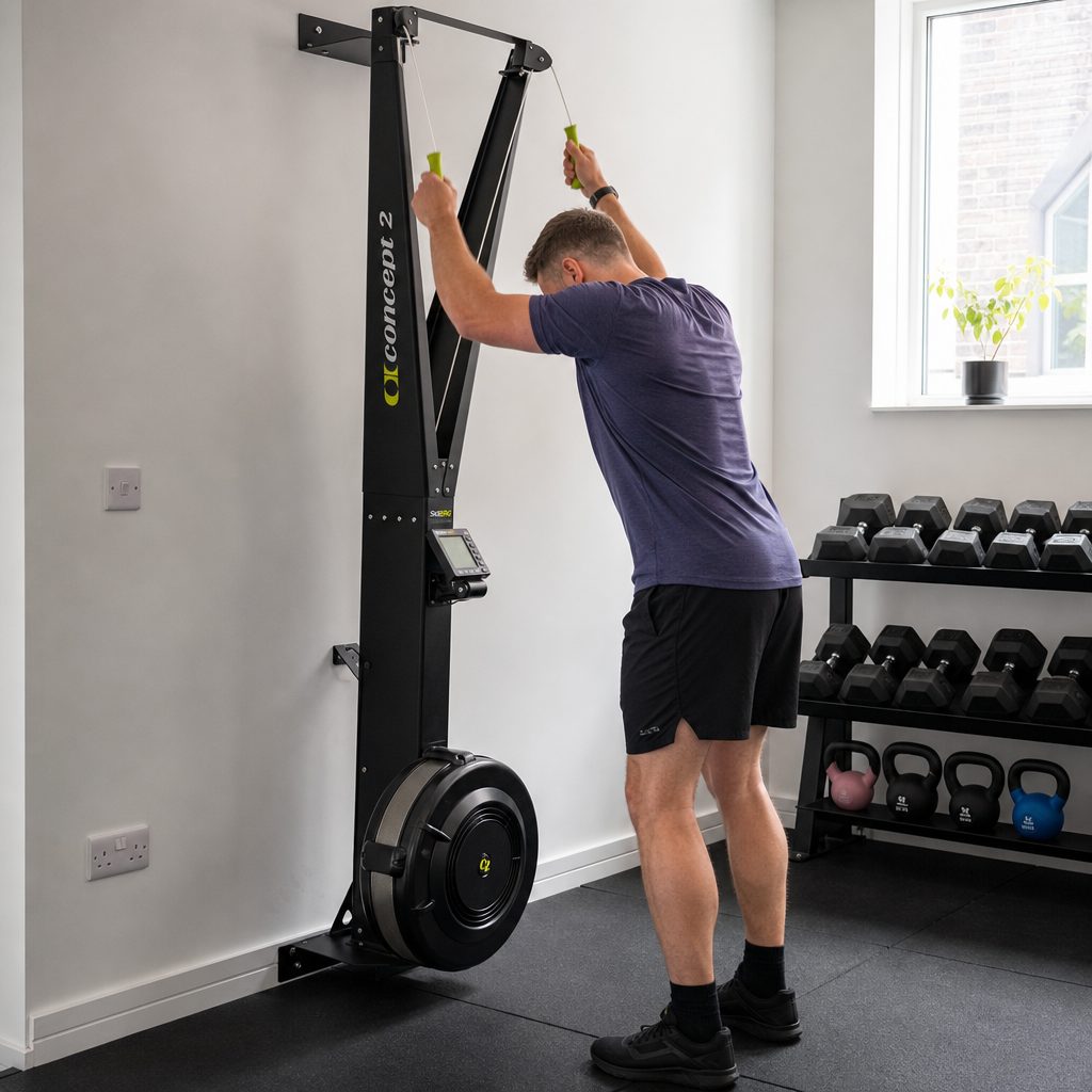 Wall-mounted SkiErg training is the space-saving answer for many flats, provided the room has the required height and a suitable wall position.