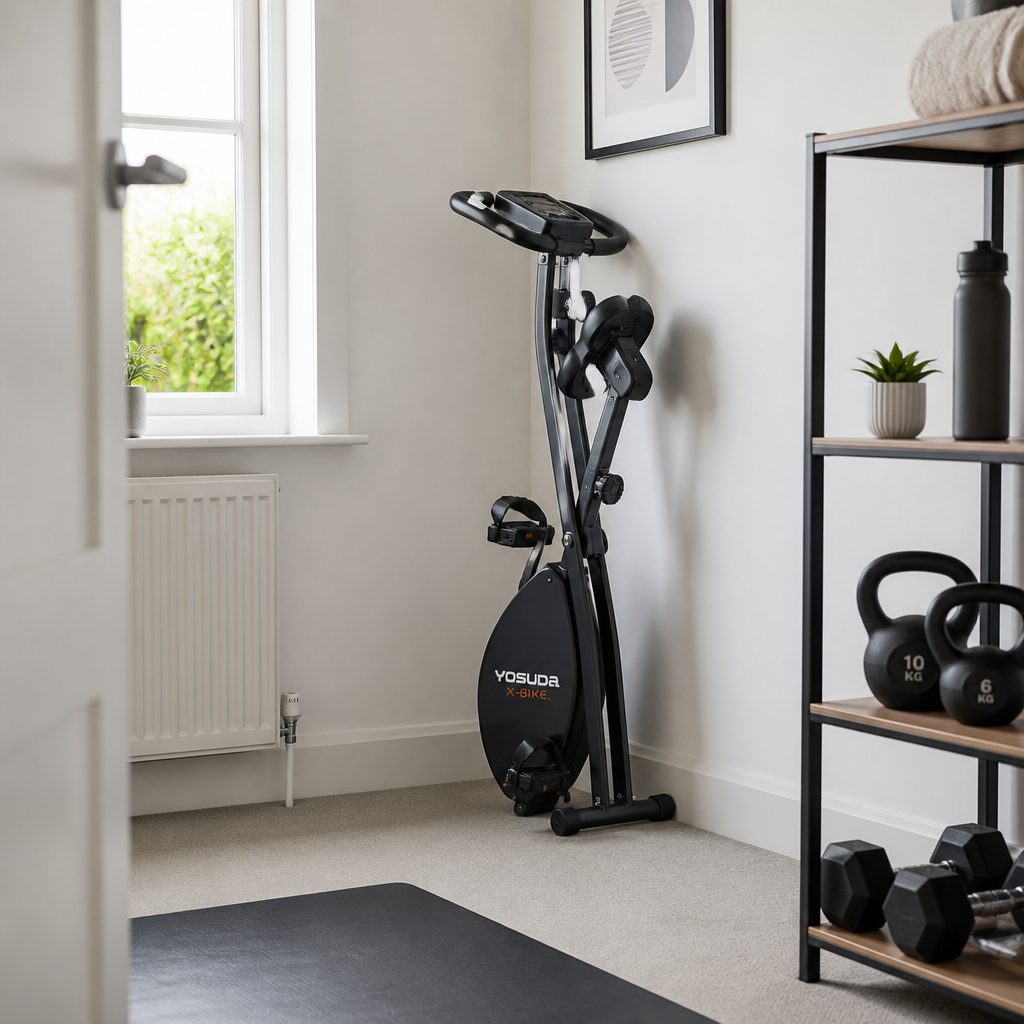 A proper fold-away bike should leave a spare room looking like a spare room again once the session is over — that is the real luxury of this category.