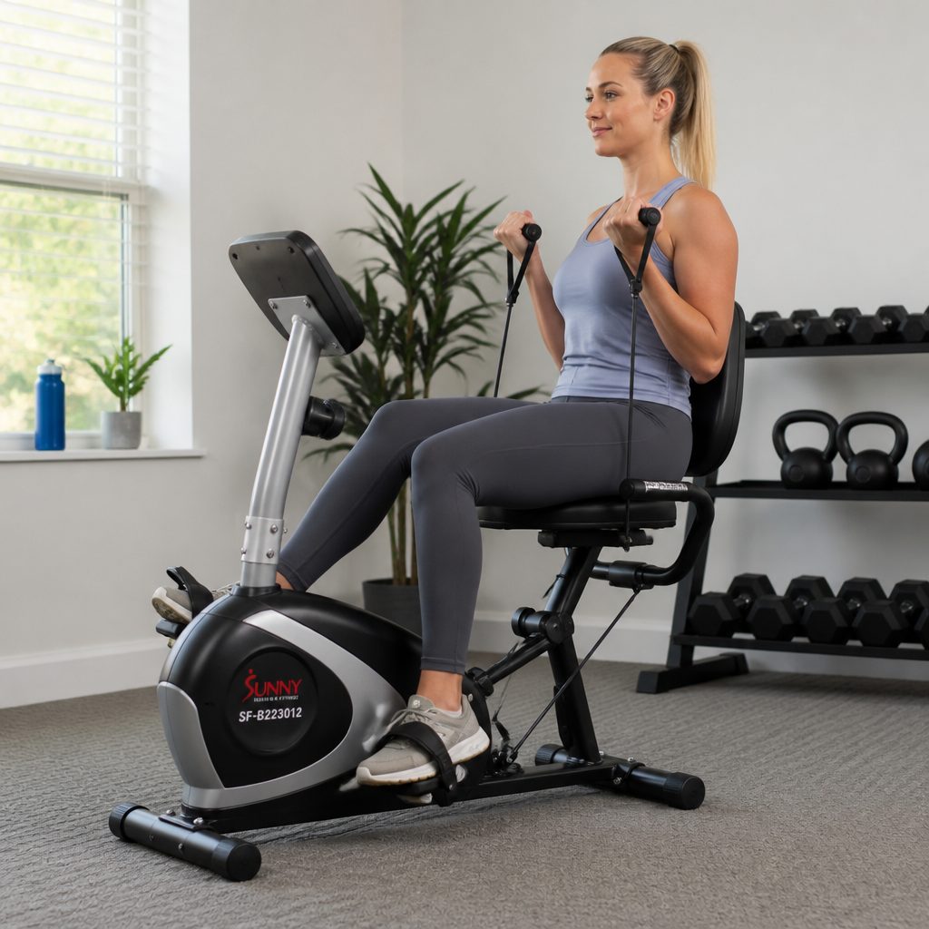 A recumbent folding format such as the Sunny Health &amp; Fitness SF-B223012 changes the emphasis from minimal upright cycling to supported, low-impact sessions with room for upper-body band work.