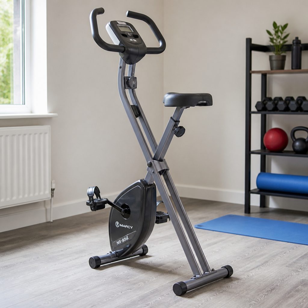 The Marcy NS-652 showed why a traditional folding upright remains useful: a narrow 18.25-inch stored base and a straightforward console are often all a spare room requires.