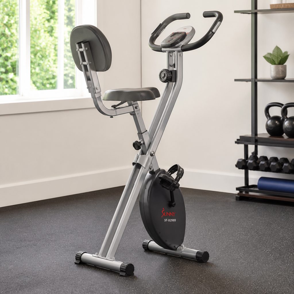 The Sunny Health &amp; Fitness SF-B2989 is the lightest listed bike here at 30.9 lb, with a clearly stated folded footprint for shoppers planning around tight storage.