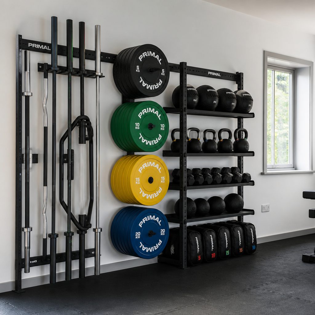 A storage wall works best when each category has a designated home: bars together, plates together, and soft accessories contained rather than draped.