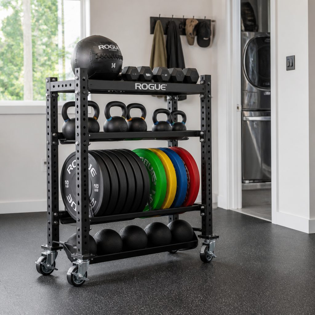 A wheeled mixed-equipment rack is particularly useful where a home gym shares floor space with everyday life.