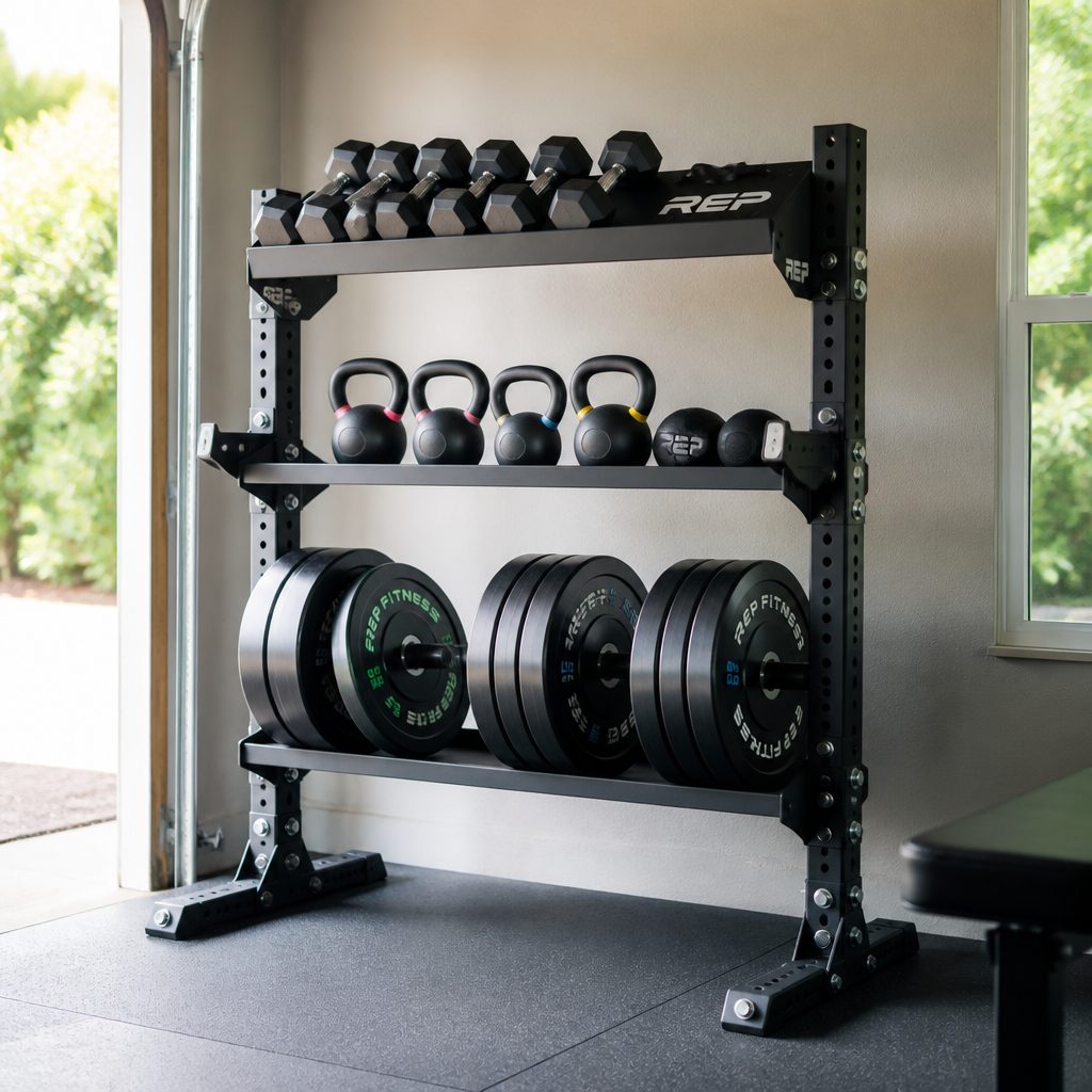 An adjustable rack makes more sense than a fixed-format rack when dumbbells, kettlebells and plates all need to coexist.