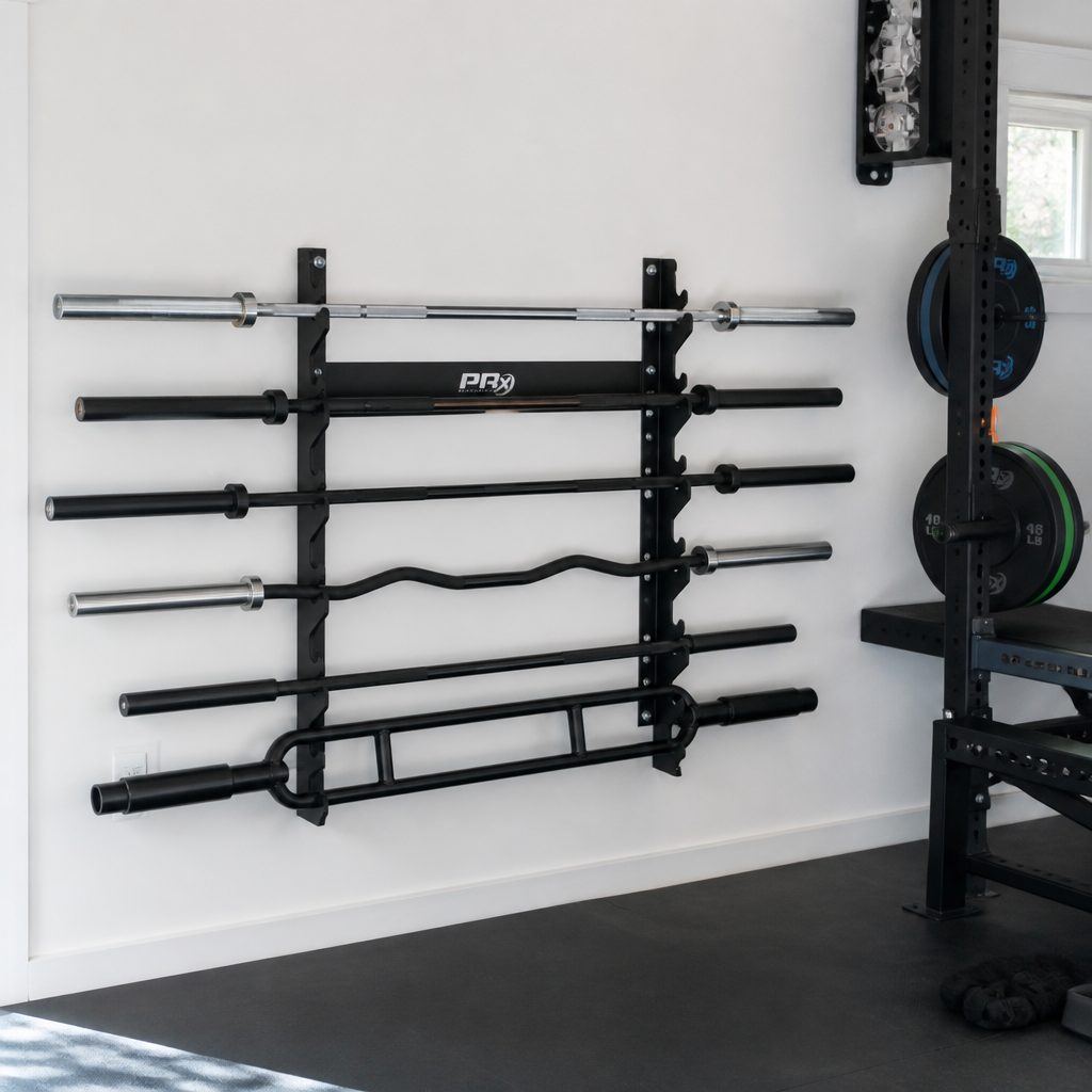 Horizontal barbell storage is the cleanest way to reclaim floor space when several bars otherwise live against a wall.