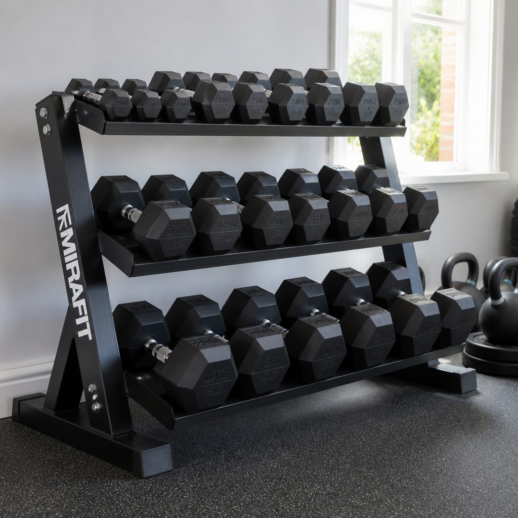 Three-tier dumbbell storage concentrates a sizeable free-weight collection into one predictable, easy-to-clean zone.