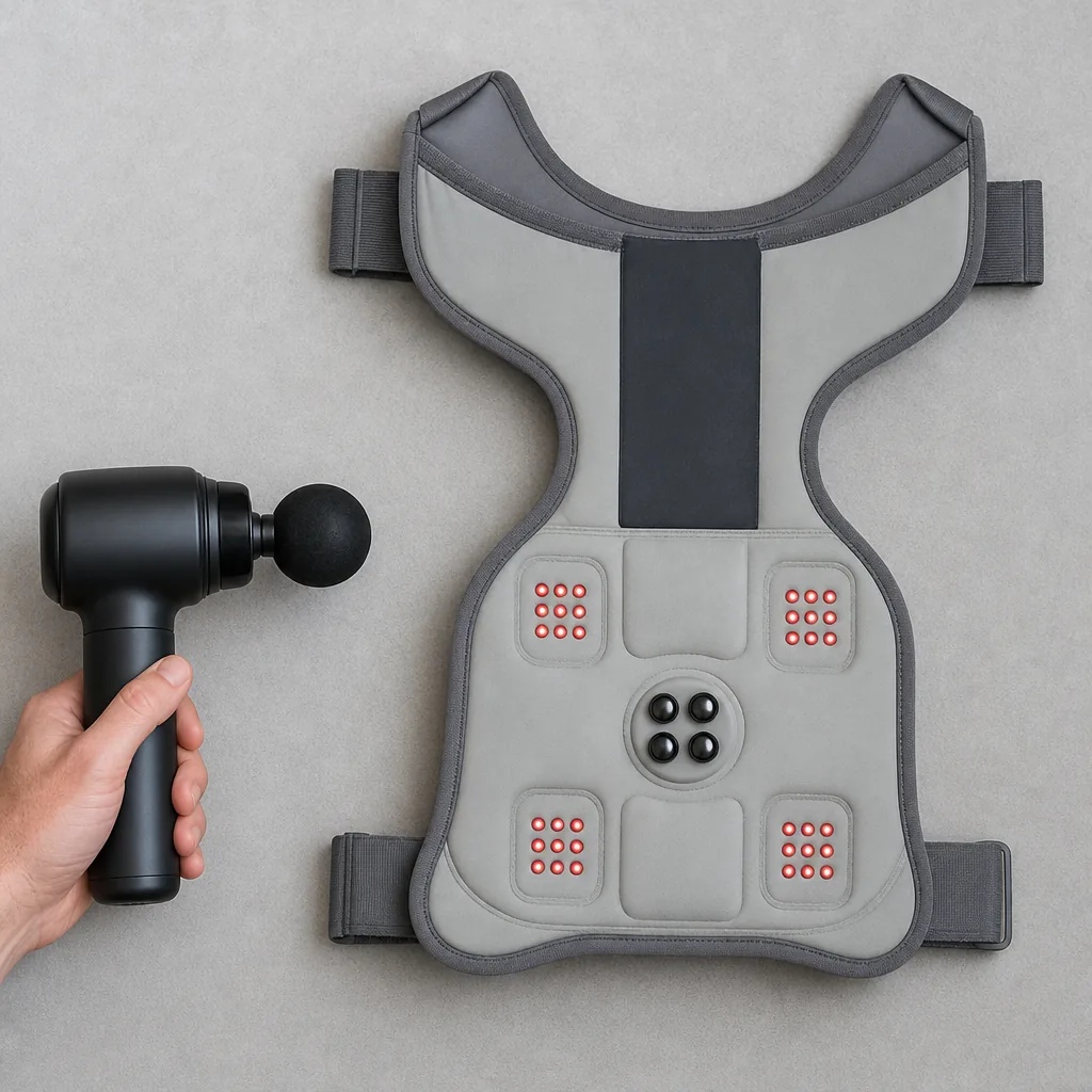 Person wearing a cordless neck and upper back massager while sitting at home