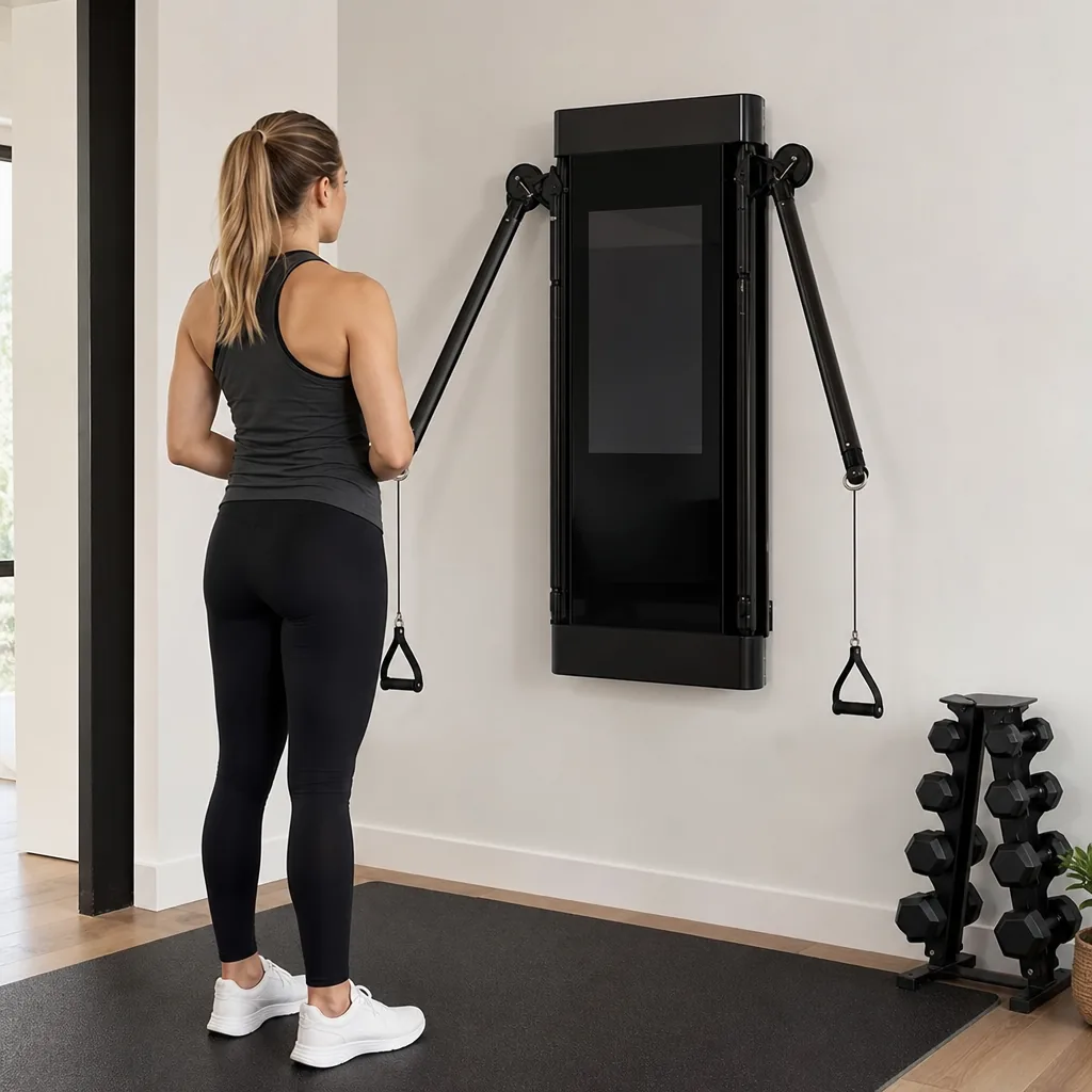 Wall-mounted smart strength training machine in a modern home gym