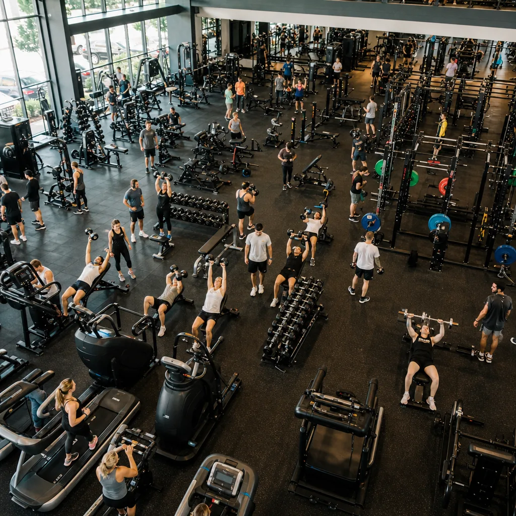 People exercising on treadmills and weight machines in a busy modern UK gym