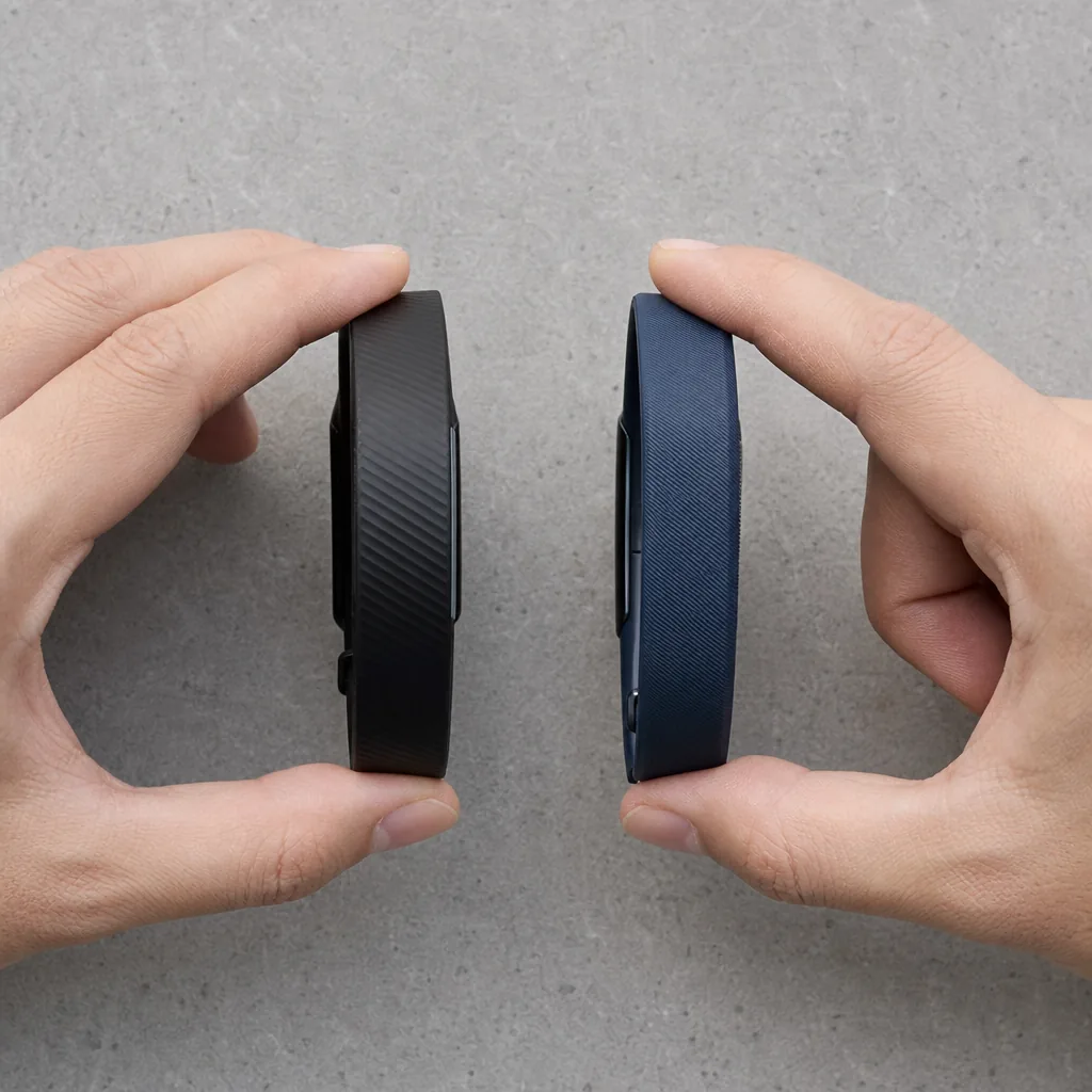 Two screen-free fabric fitness tracker wristbands laid side by side on a grey surface