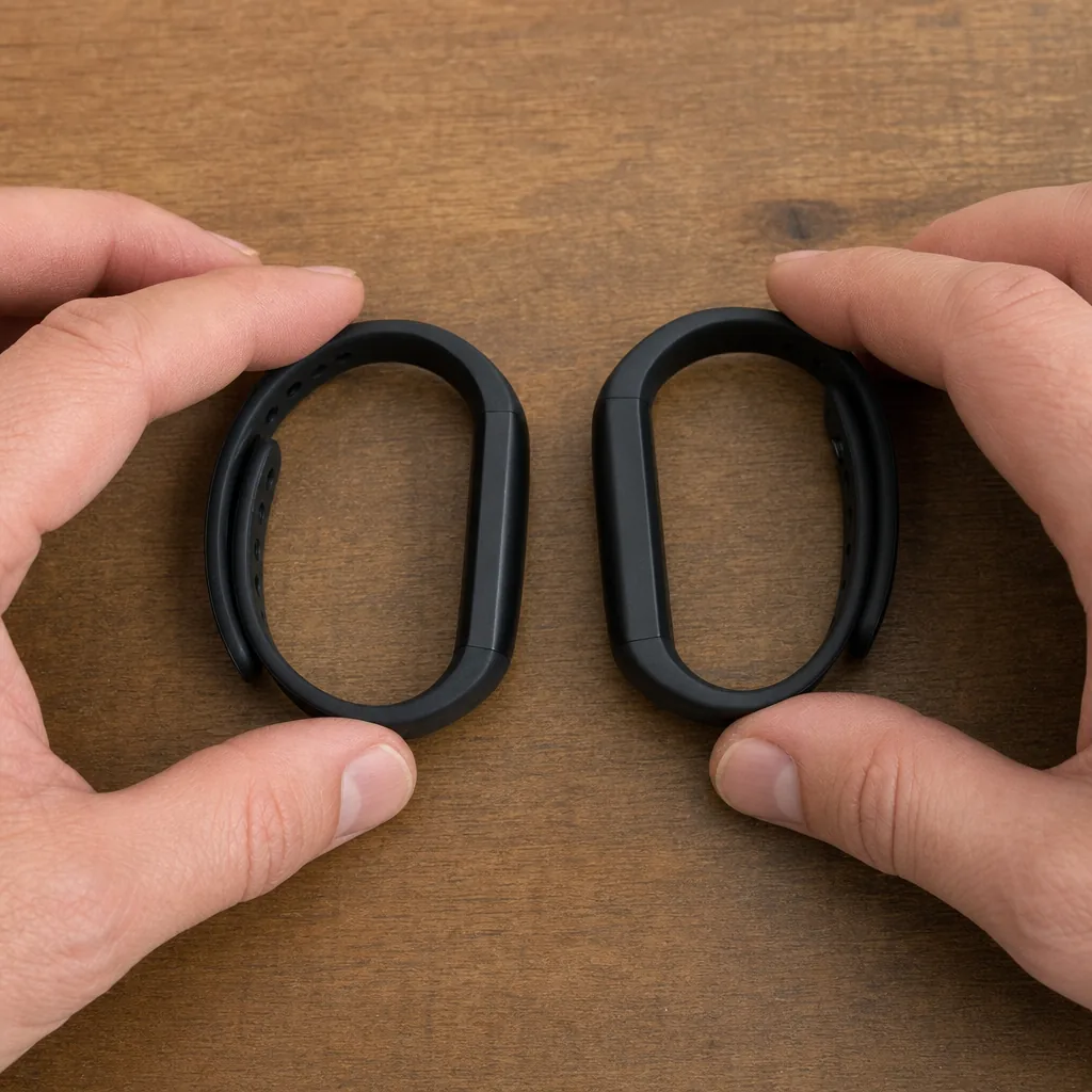 Two screenless fitness tracker bands laid side by side on a wooden surface