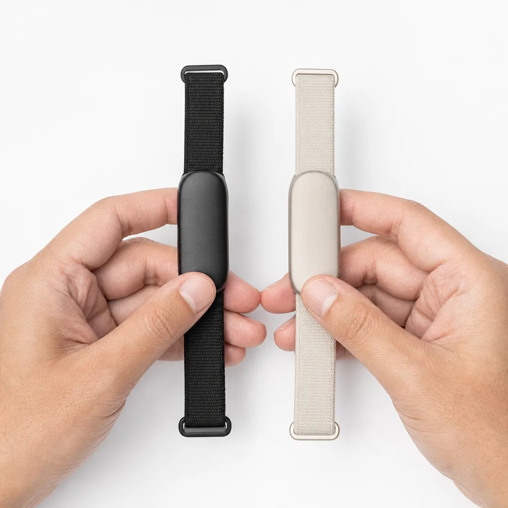 Two screenless fabric fitness tracker wristbands placed side by side on a wooden surface