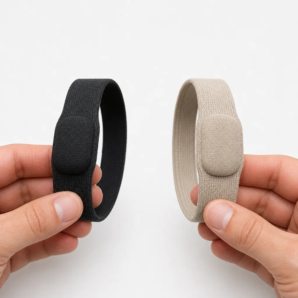 Two screenless fitness tracker wristbands side by side on a grey surface