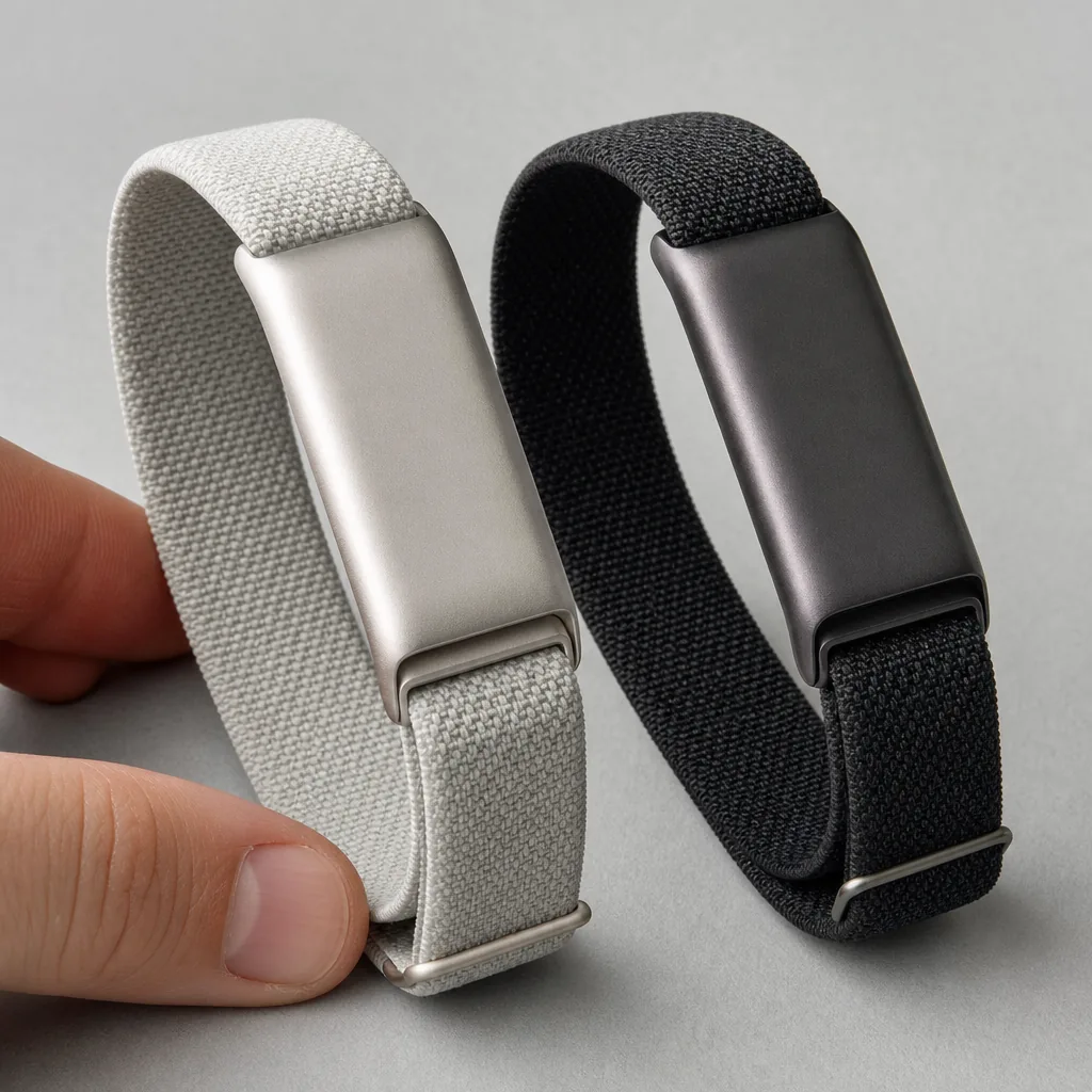 Two screenless fitness tracker wristbands photographed side by side on a wooden surface