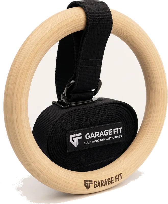 Garage Fit Solid Wood Gymnastic Rings with Straps